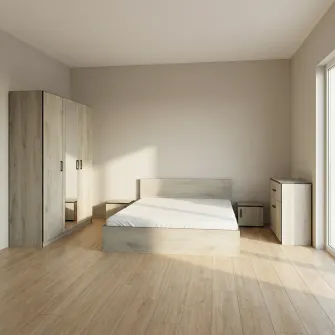Dormitor Hoff Treff, Pat 160x200 cm, Dulap, 2 Noptiere, Comoda, Culoare Castan